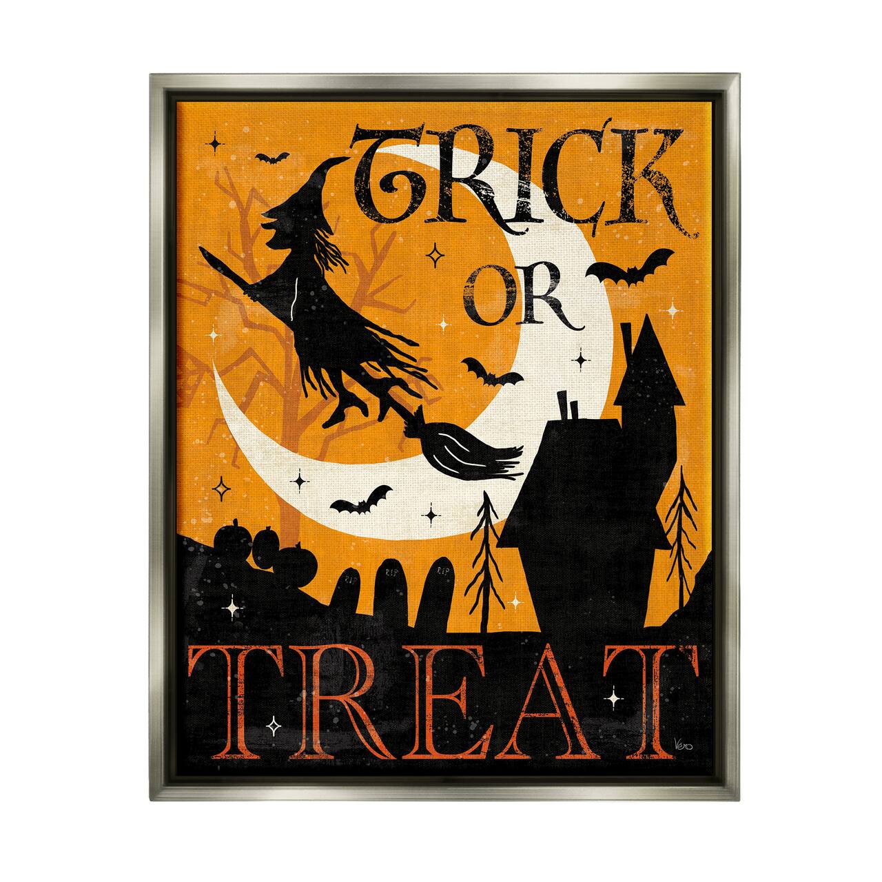 Stupell Industries Trick or Treat Halloween Witch Framed Floater Canvas Wall Art